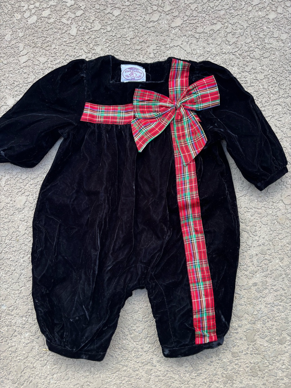 Vtg Plum Pudding Black Velvet Holiday Romper Plaid Bow Baby Outfit 24 Months